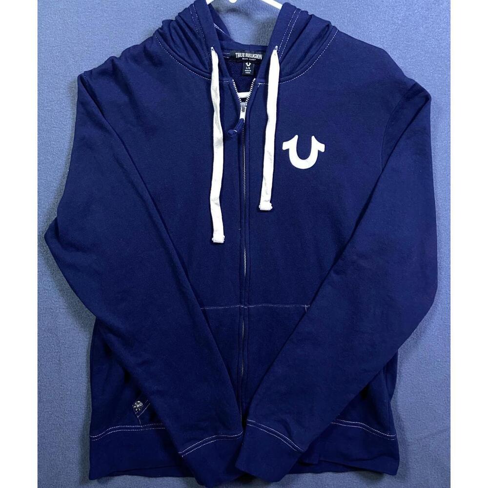 True Religion USA Blue Navy Full Zip Big Buddha Logo Hoodie Large Streetwear EUC